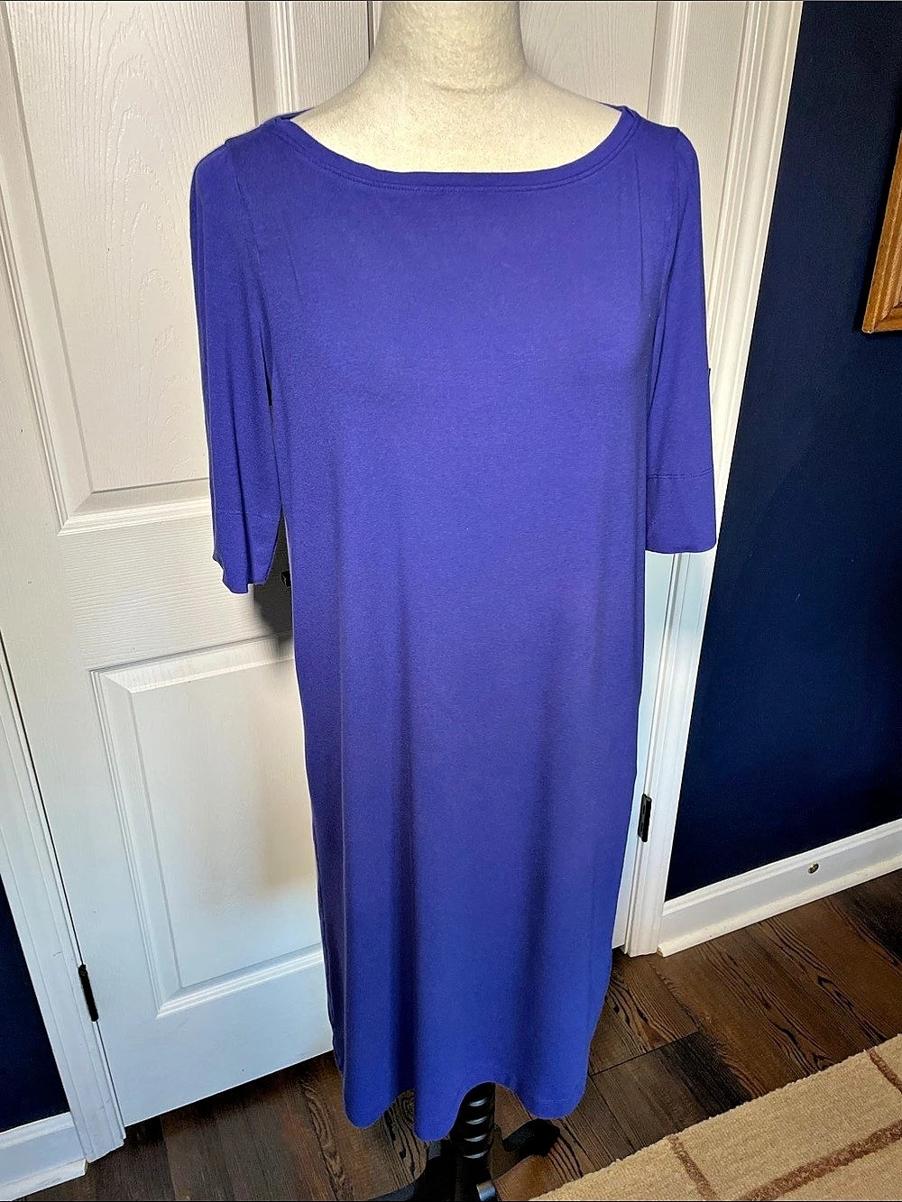 Eileen Fisher Viscose Jersey Bateau Neck Shift Dress Blue/Purple Size Medium